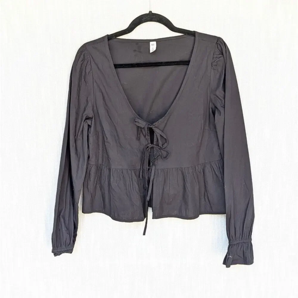 BP. Nordstrom Top Womens S Black Tie Front Scoop Neck Cotton Poplin Peplum NWT